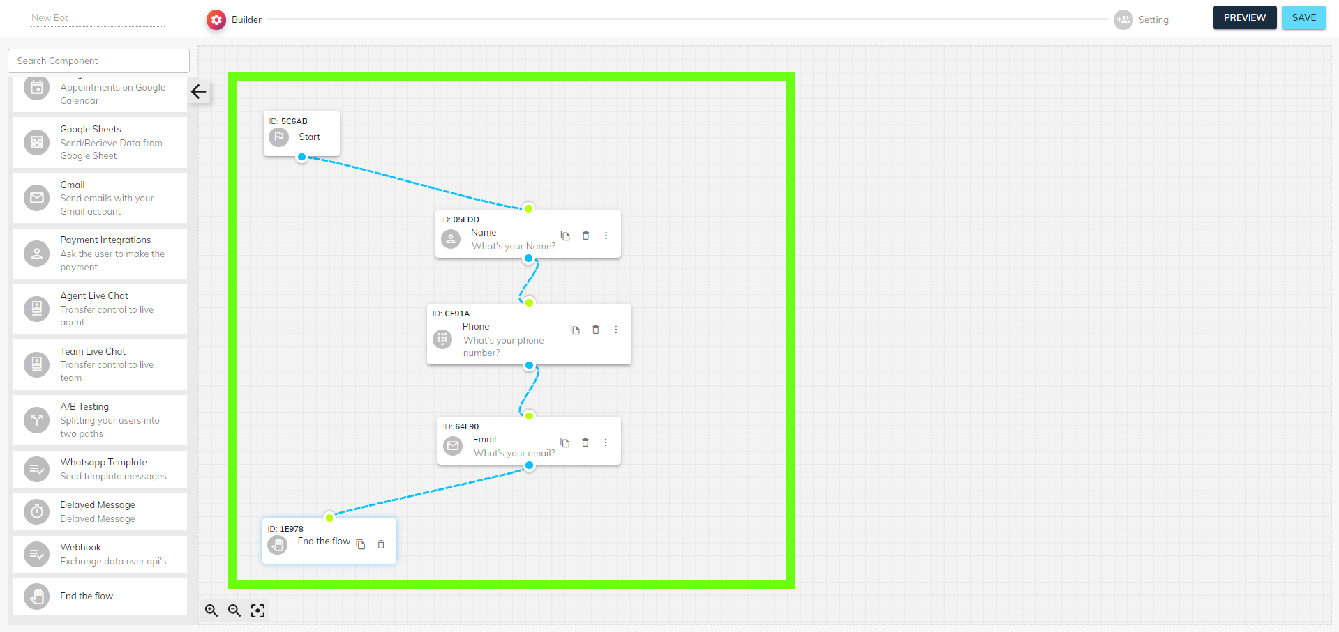 Creating Chatbot Workflow on Chat360's drag and drop builder