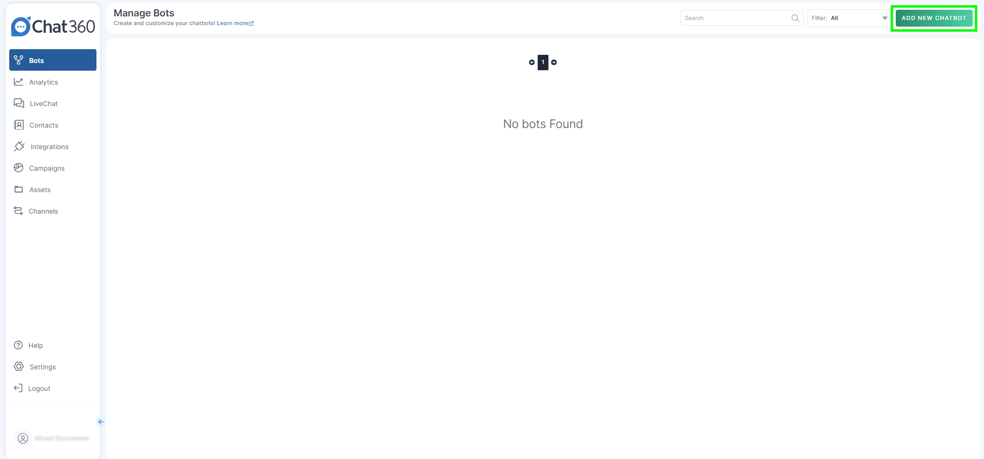 Signup/login to Chat360's Dashboard, and click on Add new Chatbot in the top right corner